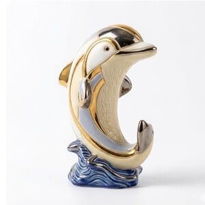 De Rosa Rinconada Dolphin on Wave #748 Ceramic Figurine Gold & Platinum Accents